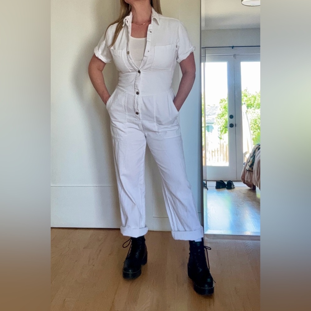 White Denim Snap front Jumpsuit
